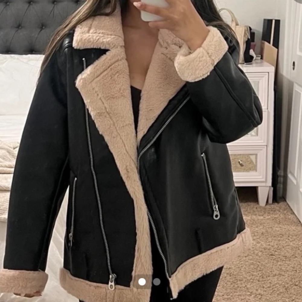 Zara H&M NWOT Biker Moto Sherpa Fur Leather Insulated Jacket Oversized Bloggers